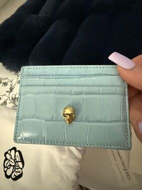 Alexander McQueen Light Blue Croc-Embossed Card Holder with Gold Accent